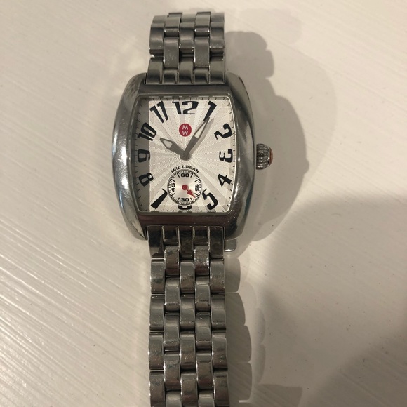 Michele Jewelry - Michele Silver Bracelet Watch with White Dial and Red Accent